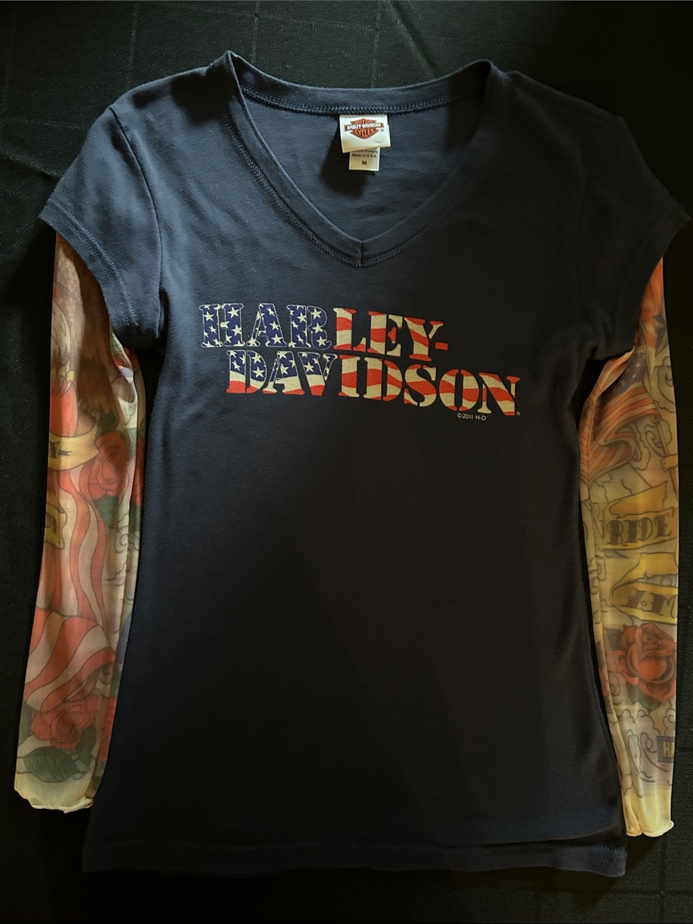 Harley-Davidson Navy V-Neck Tee with American Flag Logo and Tattoo-Print Sleeves